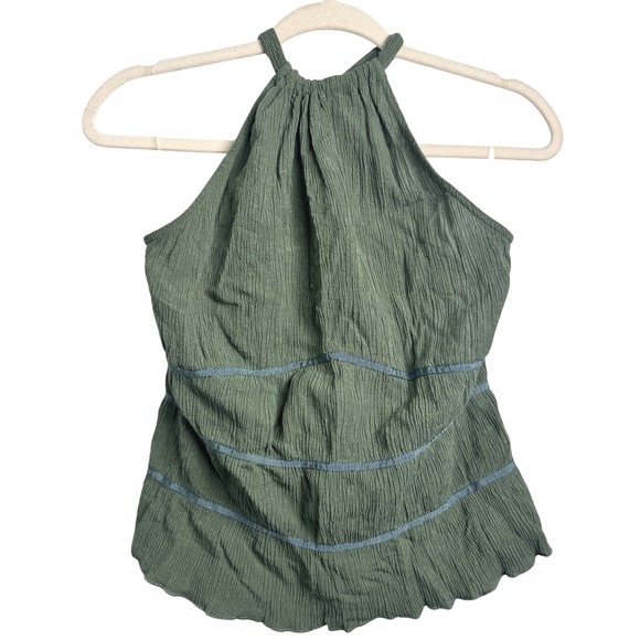 ASOS TopShop Women's Medium Sz 8 Green Tie Halter Krinkle Top Cotton Flax NEW - Picture 1 of 5